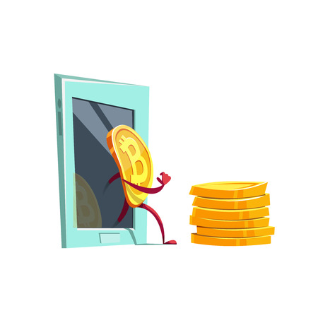 Illustration character bitcoin emoji exit screen mobile phone cartoon style.のイラスト素材
