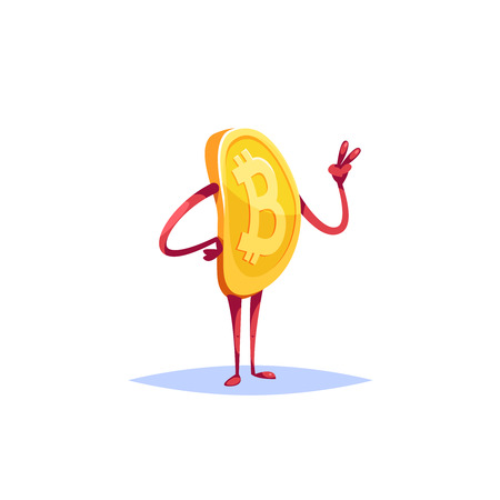 Illustration character bitcoin emoji showing victory gesture cartoon style.のイラスト素材