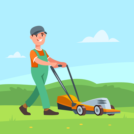 Gardener with lawn mowerのイラスト素材