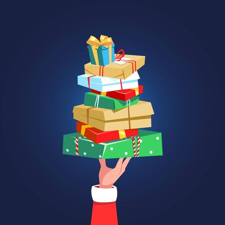 Christmas donate concept. Vector illustration hand of Santa Claus holding stack of Christmas gifts.のイラスト素材