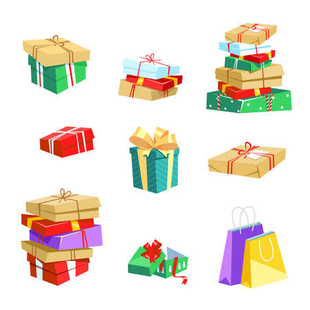 Vector illustration set of gift boxes in colored packaging with ribbons in cartoon style. Present boxes and package for Christmas, birthday, anniversary.のイラスト素材