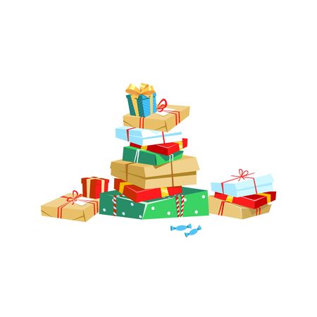 Vector illustration a lot of presents in colored packaging with ribbons in cartoon style. Gifts box for Christmas, birthday, anniversary.のイラスト素材