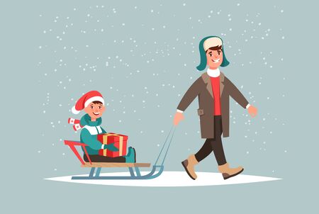 Winter holidays. Father and son sitting on sledge with a Christmas gift box in hands walk outdoor.のイラスト素材