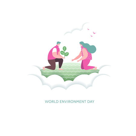 Vector illustration concept world environment day card. Young couple plant trees togetherのイラスト素材