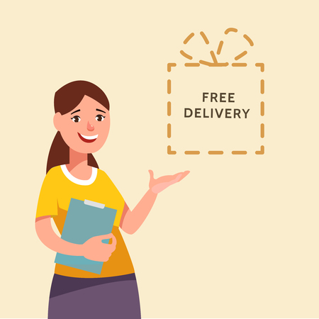 Vector illustration cartoon woman points to the sign box that says free delivery. Concept shipment of cargoのイラスト素材
