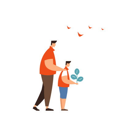 Vector illustration icon man and kid holding plant. The concept of environmental protectionのイラスト素材