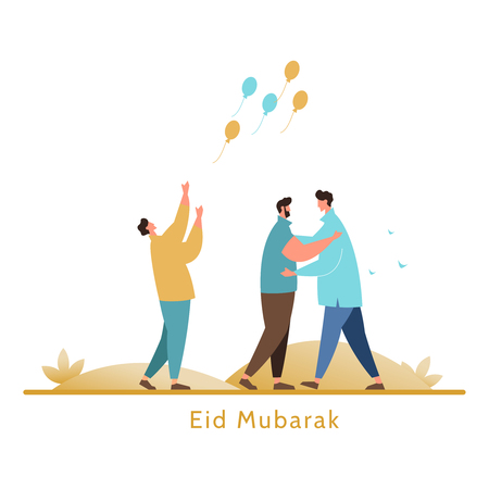 Muslim people feast of breaking the fast.Faithful Muslims man with each other after Eid-al-Fitr prayerのイラスト素材