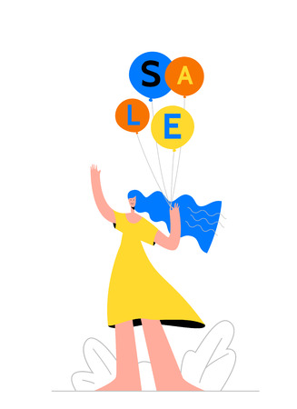 Season sale poster. Woman with holiday balloons with the inscription sale invites to shopping. Discount, promotion, marketing concept in modern flat style.の写真素材