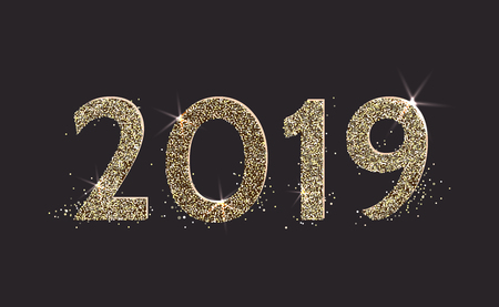 2019 Happy new year. Numbers golden glitter confetti design greeting card. Vector illustration.のイラスト素材