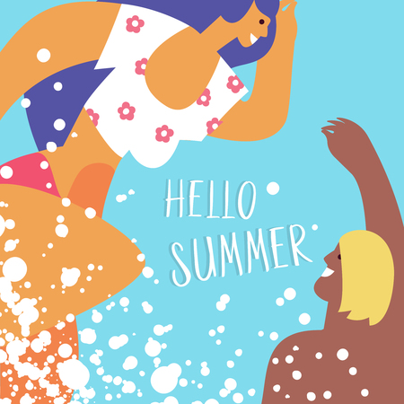 Couple young people swim in the sea, pool or on a tropical beach. Concept trip to the seaside, rest sea travel, holiday and summer leisureのイラスト素材