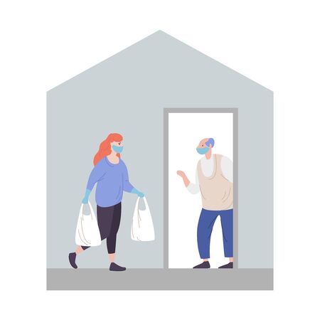 Volunteer delivers donations elderly people home coronavirus pandemic. Young female with packages in hands carrying necessities old citizen. Concept assistance and support people risk virus infectionのイラスト素材