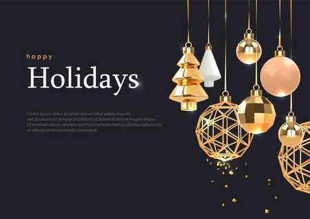 Winter holiday template. Christmas and New Year black background with gold ?hristmas ornaments, xmas balls and tree in a modern realistic styleのイラスト素材