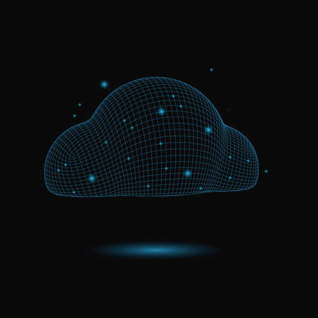 3d grid wireframe cloud storage sign. Cloud computing icon, big data, database symbol on dark background.Futuristic, technological vector illustrationのイラスト素材