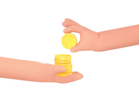3d hand give gold money or hand take money emoji. Loan, exchange, payout business concept. Business cartoon icon. Financial services. Realistic 3d designのイラスト素材