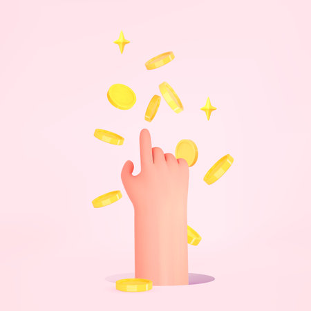 3d render money fly and hand on pink background. Cash money. Rain of gold coins.Bonus, cashback, discount, profit cartoon concept. Vector illustrationのイラスト素材
