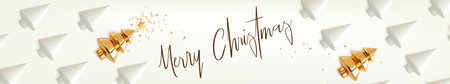 Winter holiday horizontal white header. Render gold and white christmas trees . 3d xmas pattern. Render New Year banner. 3d vector cartoon illustrationのイラスト素材