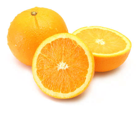 Whole and two half fresh orange on white background の写真素材