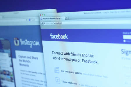 Johor, Malaysia - Sep 6, 2013: Photo of Facebook and Instagram homepage on a monitor screen. Facebook and Instagram are the famous social media network on the web, Sep 6, 2013 in Johor, Malaysia.のeditorial素材