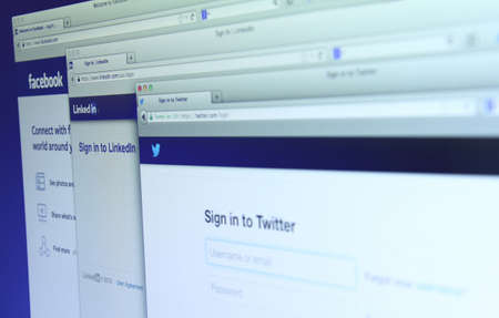 Johor, Malaysia - Sep 13, 2013: Photo of Facebook, Twitter and Linkedin homepage on a monitor screen. As of today, Facebook, Twitter and Linkedin are the largest social media network on the web, Sep 13, 2013 in Johor, Malaysia.のeditorial素材