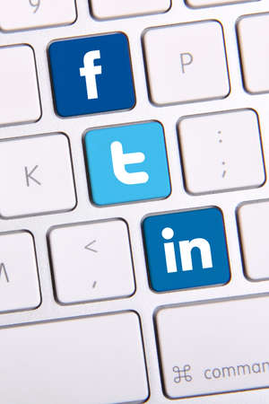 Johor, Malaysia - Sep 13, 2013: Facebook, Twitter and Linkedin icon on keyboard. There are famous website in the world, Sep 13, 2013 in Johor, Malaysia.のeditorial素材