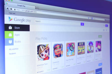 Johor, Malaysia - Nov 03, 2013: Photo of Google Play webpage on a monitor screen. Google Play is the official app store for Android smartphones and tablets., Nov 03, 2013 in Johor, Malaysia.のeditorial素材