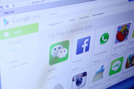 Johor, Malaysia - Nov 03, 2013: Photo of Google Play webpage on a monitor screen. Google Play is the...