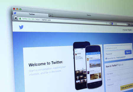 Johor, Malaysia - May 06, 2014: Twitter homepage on a monitor screen. Twitter is a famous social networking webs, May 06, 2014 in Johor, Malaysia.のeditorial素材