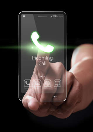 Hand pressing imcoming call icon on smartphone
