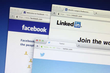 Johor, Malaysia - Jun 18, 2014: Social networking webpage on computer screen, Facebook, twitter and Linkedin are popular free social networking websites in the world, Jun 18, 2014 in Johor, Malaysia.のeditorial素材