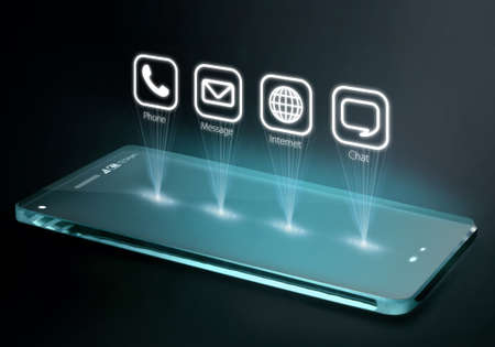 Transparent smartphone with apps on three dimensional screen. A 3D phone is a mobile phone that conveys depth perception to the viewer by employing stereoscopy or any other form of 3D depth techniques.の写真素材