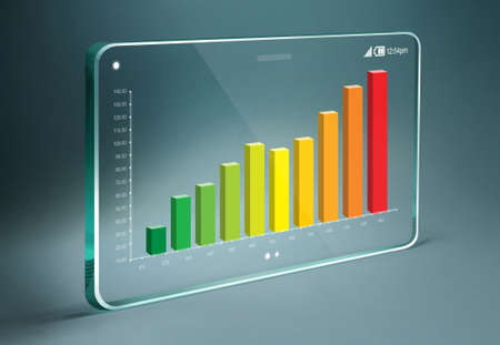 Transparent tablet with colorful business bar on screen, representing business growth. の写真素材