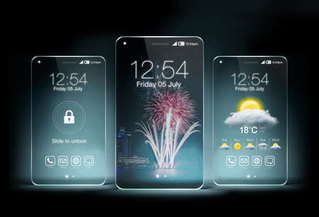 Three transparent smartphone on blue color background. The most promising technologies in the mobile market is flexible and transparent displays.の写真素材