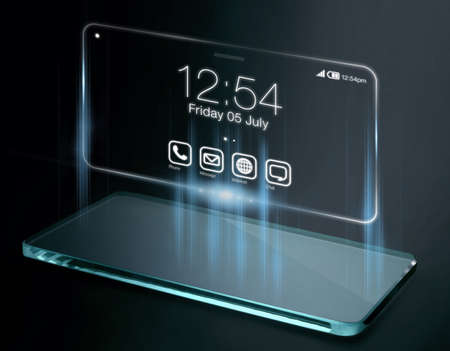 Time and apps on three dimensional smartphone screen. A 3D phone is a mobile phone that conveys depth perception to the viewer by employing stereoscopy or any other form of 3D depth techniques.の写真素材