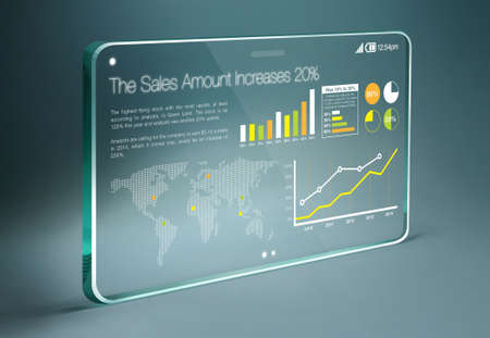 Transparent tablet with colorful business information on screen, representing business growth. Chart are white, yellow, orange and green color and the background is blue color.の写真素材