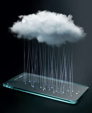 Transparent smartphone with cloud computing technology.  Cloud computing is a general term for the delivery of hosted services over the Internet.の写真素材