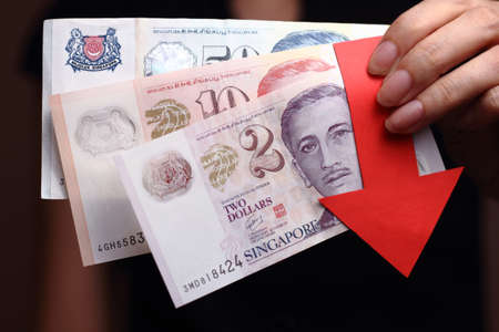Singapore dollar with a red arrow to imply the fall or devaluation of Singapore dollar currencies.の写真素材