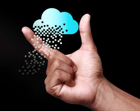 Cloud computing technology with hand on dark background. Cloud computing is a general term for the...
