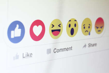 Johor, Malaysia - Feb 25, 2016: Facebook users show range of reactions to new love, haha, wow, sad, angry emoticons, Feb 25, 2016 in Johor, Malaysia.のeditorial素材
