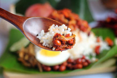 Nasi lemak is a Malay fragrant rice dish cooked in coconut milk and pandan leaf. It is commonly found in Malaysia.の写真素材