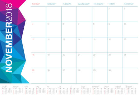 November 2018 planner calendar vector illustration, simple and clean design.のイラスト素材