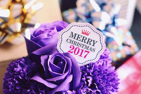 Merry Christmas card with colorful decoration. Wishing you wonderful memories during this joyous season.の写真素材