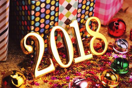 2018 gold numbers text and decoration. New year is the first day of the year in the Gregorian calendar.の写真素材