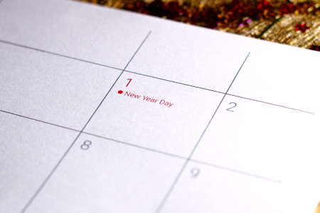 Close up of first day of the year 2018 on diary calendar. New year is the first day of the year in the Gregorian calendar.の写真素材