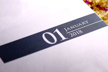 Close up of january 2018 on diary calendar. New year is the first day of the year in the Gregorian calendar.の写真素材