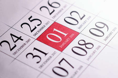 Close up of first day of the year 2018 on diary calendar. New year is the first day of the year in...