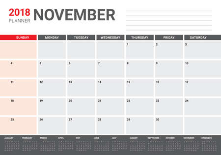November 2018 planner calendar vector illustration, simple and clean design.のイラスト素材