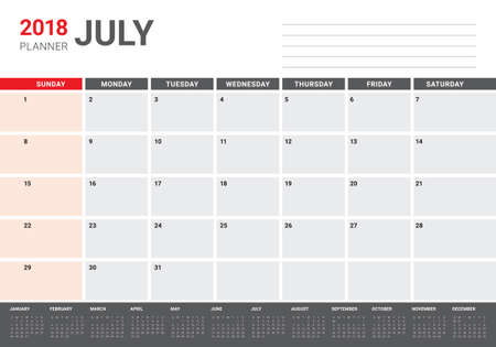 July 2018 calendar planner vector illustration, simple and clean design. のイラスト素材