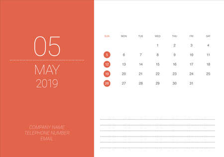 May 2019 desk calendar vector illustration, simple and clean design.のイラスト素材