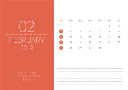 February 2019 desk calendar vector illustration, simple and clean design.のイラスト素材