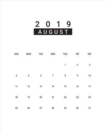 August 2019 desk calendar vector illustration, simple and clean design.のイラスト素材